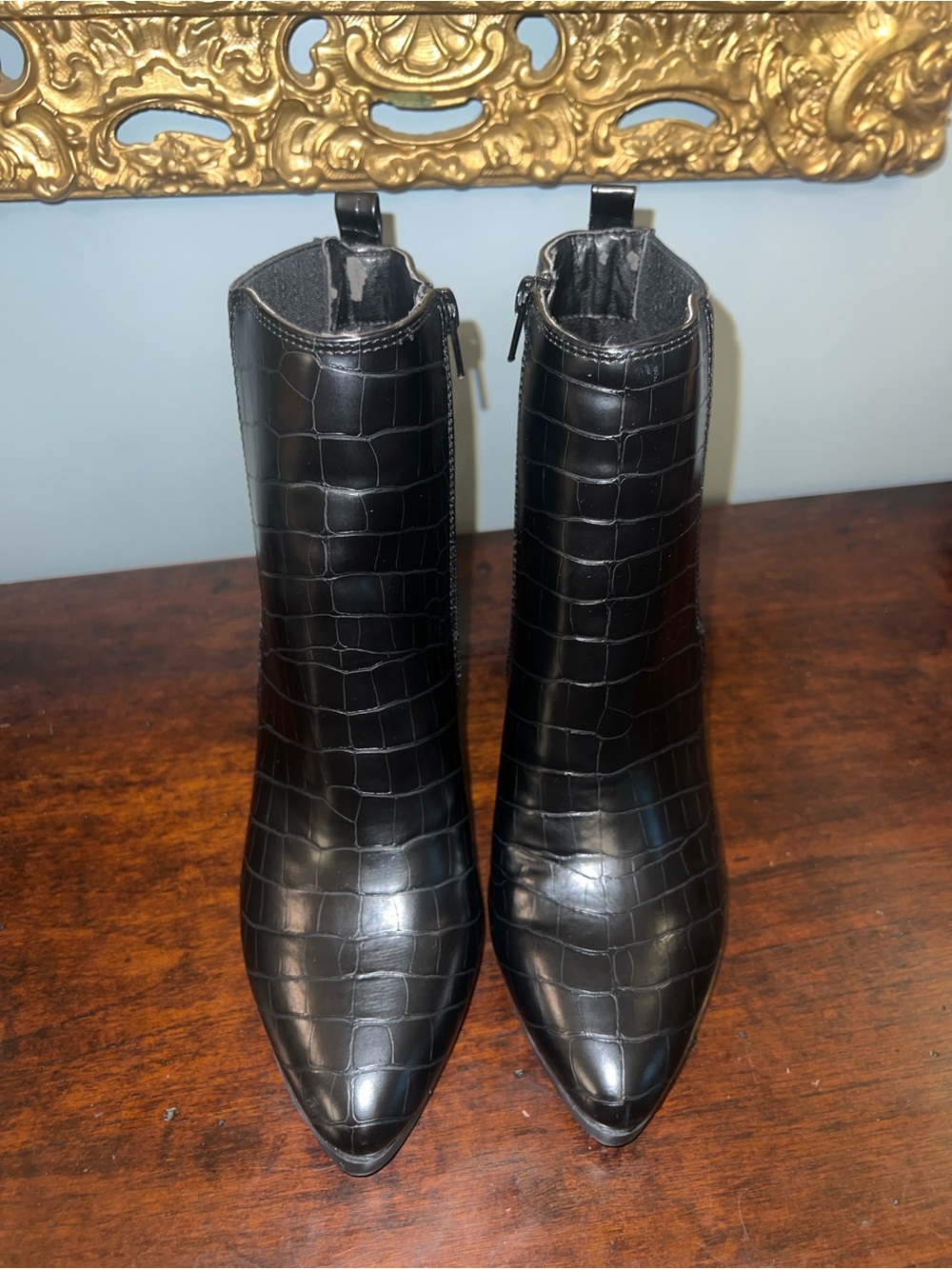 Black Croc-Embossed Pointed Toe Ankle Boots - Women